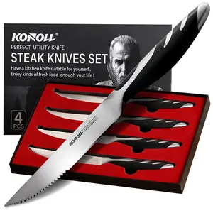 KONOLL Premium Steak Knives Set of 4 Steaks Knife Serrated Blade German High Carbon Steel Full Tang Handle - Gift Box Set