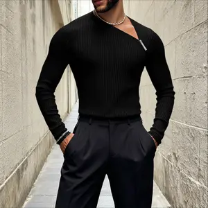 INCERUN Men's Slim-Fit Long-Sleeve Knit T-Shirt - Black, Asymmetrical Shoulder Zipper, Ribbed Fabric, Plain Design, Essential Menswear Top for Casual Daily, Clubwear Streetwear, Tshirt