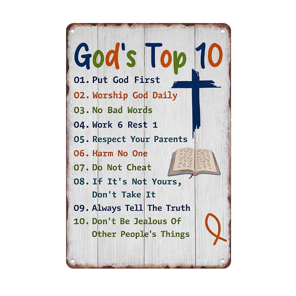 12x8 in Flat Aluminium Sign - God's Top 10 Rules Simplified Commandments, Colorful Cross & Bible Design, Kids Christian Education Decor, Signs Christian Motif Home, Indoor-Outdoor Classroom Use