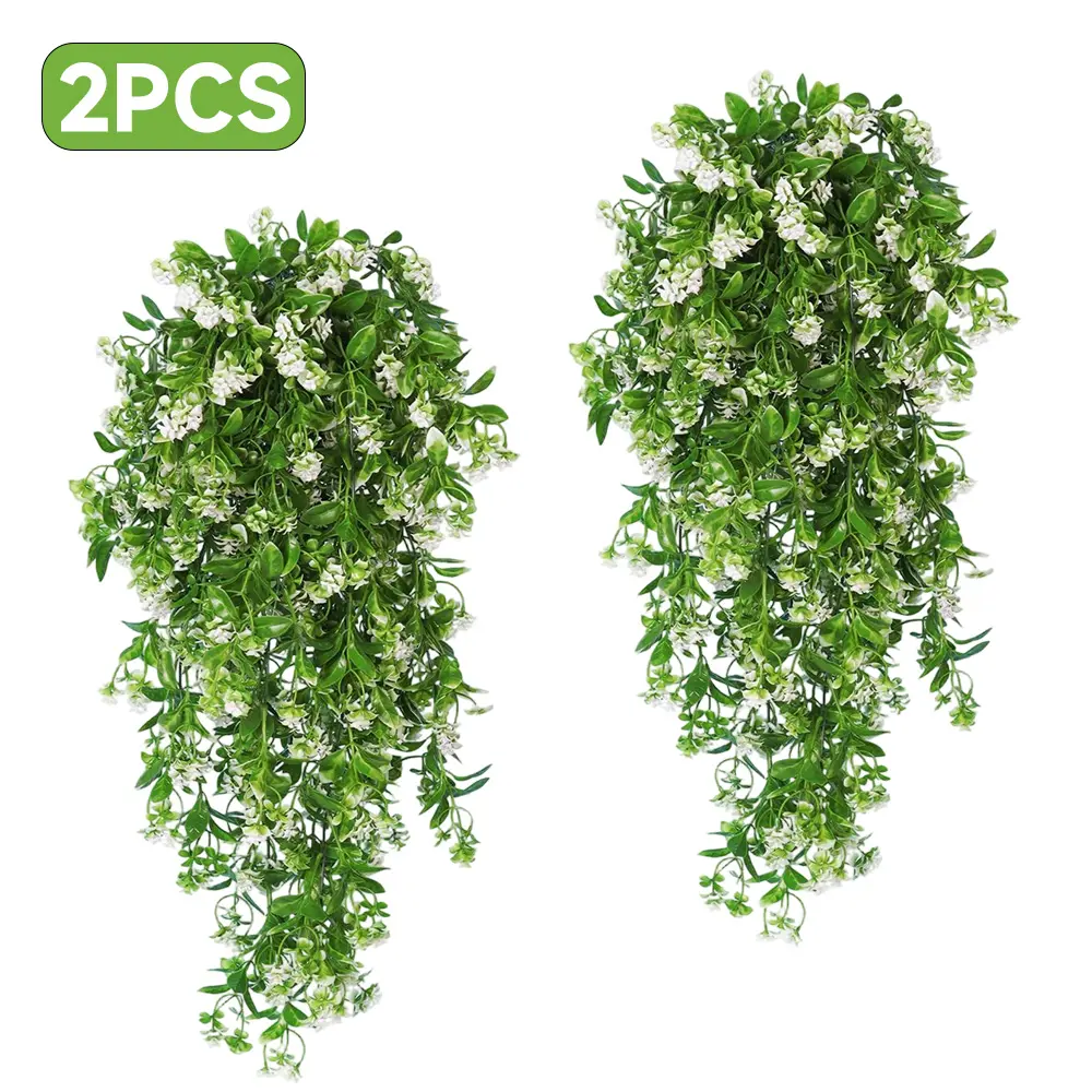 2-Pack Plastic/Iron Waterproof Artificial White Hanging Flower Plants, 22.4in Long UV-Resistant Greenery Vines Ivy Ornaments for Car Interior, Indoor/Outdoor Wall Decor, Plant
