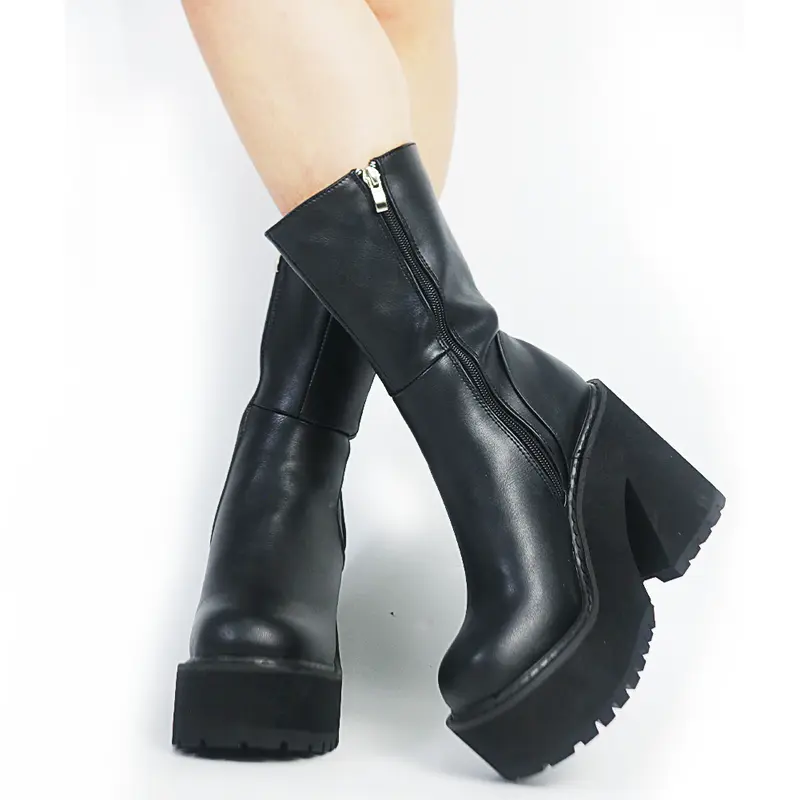 Women's Chunky Heel Platform Boots - Black PU Leather, Round Toe, Side Zipper Gothic Booties for Edgy Elegance - Shoes for Women, Alternative Style, Alt Outfits, Club Outfit Ideas, Trending Fashion Footwear