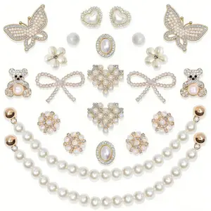 Shoe Charms for Women – Pearl & Flower Rhinestone Chain Shoe Decorations, Bling Accessories for Party & Birthday Footwear Shiny
