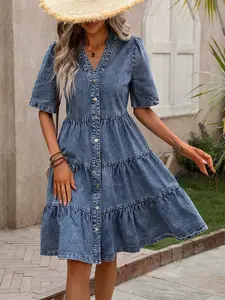 Women's Vintage Washed Denim Tiered Cake Dress, Casual V-Neck Short Sleeve Single Button A-Line Jean Dress, Summer Style, Womenswear, Casual Fashion Dress
