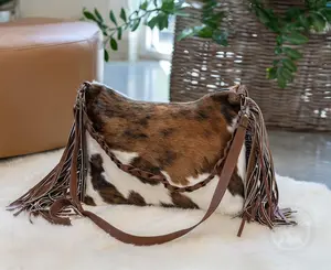 Tricolor Cowhide Handbag with Fringe – Natural Leather, 19x13x4" - Tote Bag