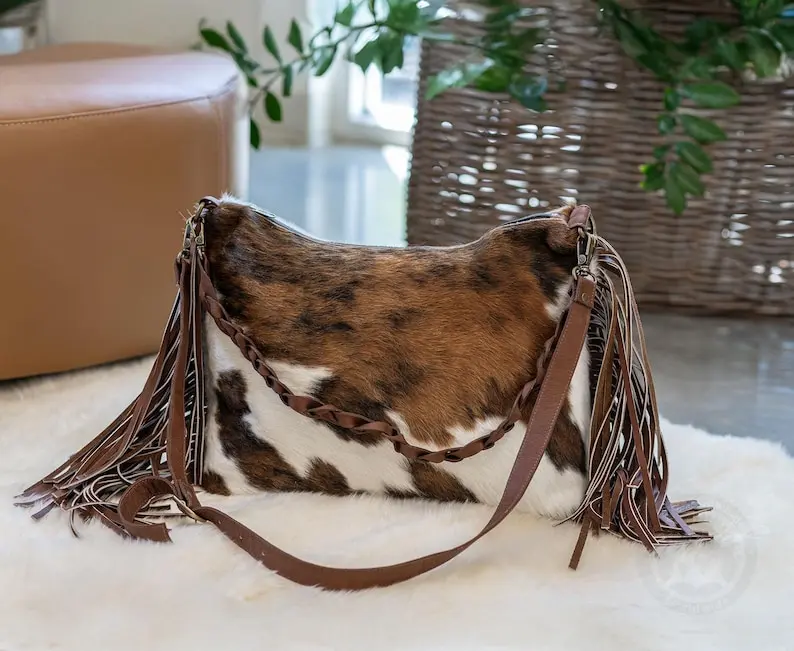 Tricolor Cowhide Handbag with Fringe – Natural Leather, 19x13x4" - Tote Bag