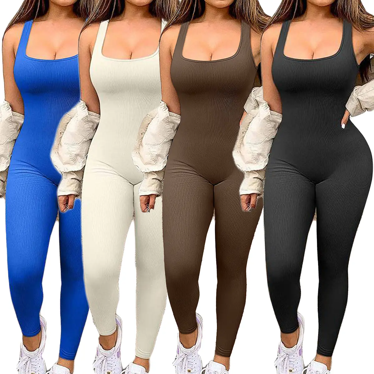 Women's Seamless High-Elastic Ribbed Skinny Jumpsuit - 90% Nylon 10% Elastane Sports Outfits, Stretchable Activewear, Body Hugging Fitted Bodycon Ribbed Contour Overalls for Yoga Gym Leisure