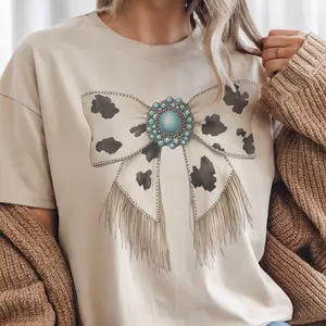 Vintage Western Tee Retro BOHO Cowhide Bow Turquoise Pullover Cowgirl Southwestern Fringe Graphic Tshirt Casual Crewneck Womenswear Sublimation Top