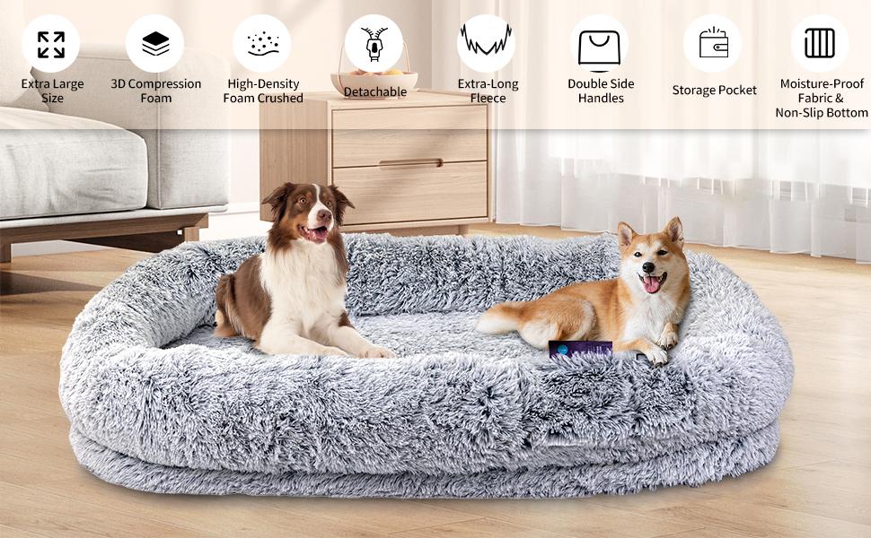 Human Dog Bed, Dog Bed Fits You & Pets, Adult and Pet Washable Giant People DogBed 10 CM Thick Memory Foam Large Oversize Dog Bed with Plump Pillow, Blanket, Strap - GreyWashable Faux Fur,Orthopedic, Plump Pillow, Blanket, Strap