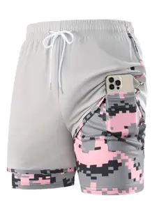 Women's 2-in-1 Camo Print Workout Shorts, Quick Dry Running Shorts with Phone Pocket, Elastic Waist Gym Shorts, Pocketed Shorts