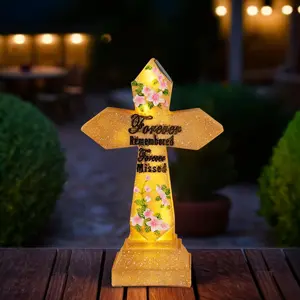 Cross Grave Memorial Statue, Solar Lighted Resin Cemetery Decoration with Flowers, Outdoor Garden Remembrance Ornament for Loved Ones (Cross Statue)