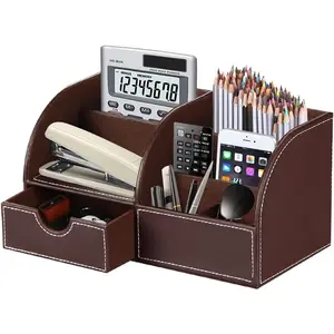 Desk Organizer, PU Leather Desktop Organizers and Accessories, Office Supplies Multi-Functional  Storage with 6 Compartments and 1 Drawer, Workspace Organizer for Office  School Classroom