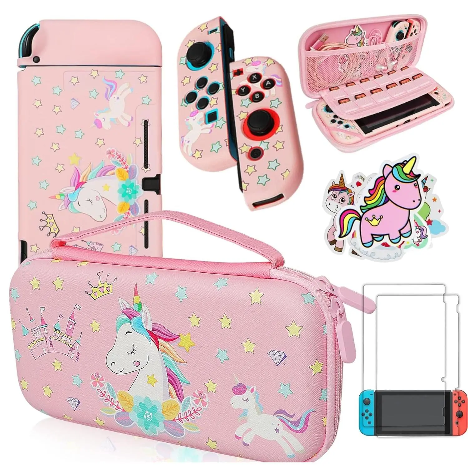 Z-PHP5 Pink Unicorn Carrying Case Compatible with Nintendo Switch (Not OLED or Lite) with Dockable Protective Grip Case +Screen Protector +Unicorn Stickers, Hard Storage Case Accessories Kit Bundle for Girls