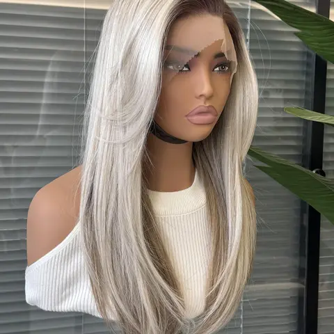 Topshe Gradient White Gold Color Lace Front Wig, 13x6 Natural Design, Wavy Synthetic Hair, Medium Length with Bangs, Perfect for All Seasons