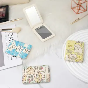 Cute Pet Design Small Sheep Dog Rabbit Bowknot Pocket Mirror, Mini Handheld Makeup Mirror, Flip Cover Full Leather Long Rectangular Mirror