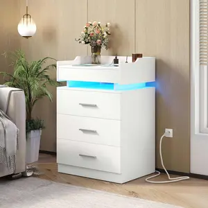 White LED Nightstand Table with Charging Station, Bedroom Indoor Furniture Bedside Table