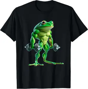 Casual Round Neck Shortsleeve Fashion Cotton Graphic Tees Streetwear Buff Frog Lifting Weights Funny Fitness Workout Gym Lover T-Shirt