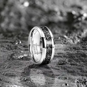 Mens Wedding Bands 8MM Silver Tone Tungsten Engagement Ring With Black Titanium Dust Inlay Promise Rings for Him