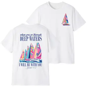 Christian Sailboat T-Shirt – “When You Go Through Deep Waters” Isaiah 43:2 – Inspirational Faith Tee – Colorful Nautical Shirt – Unisex Religious Gift