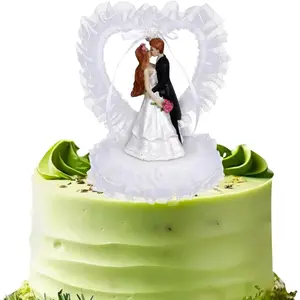 Wedding Cake Topper 5.5 Inch Lace Heart  Bride and Groom Cake Topper Figurines Ornament Engagement Wedding Anniversary Party Decorations