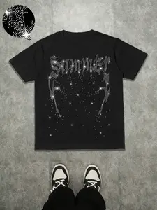 Men's Casual Short Sleeve Round Neck T-Shirt, Bottom Sparkle Letter Print, Comfortable Fabric, Regular Fit, Perfect for Weekend, Menswear Streetwear
