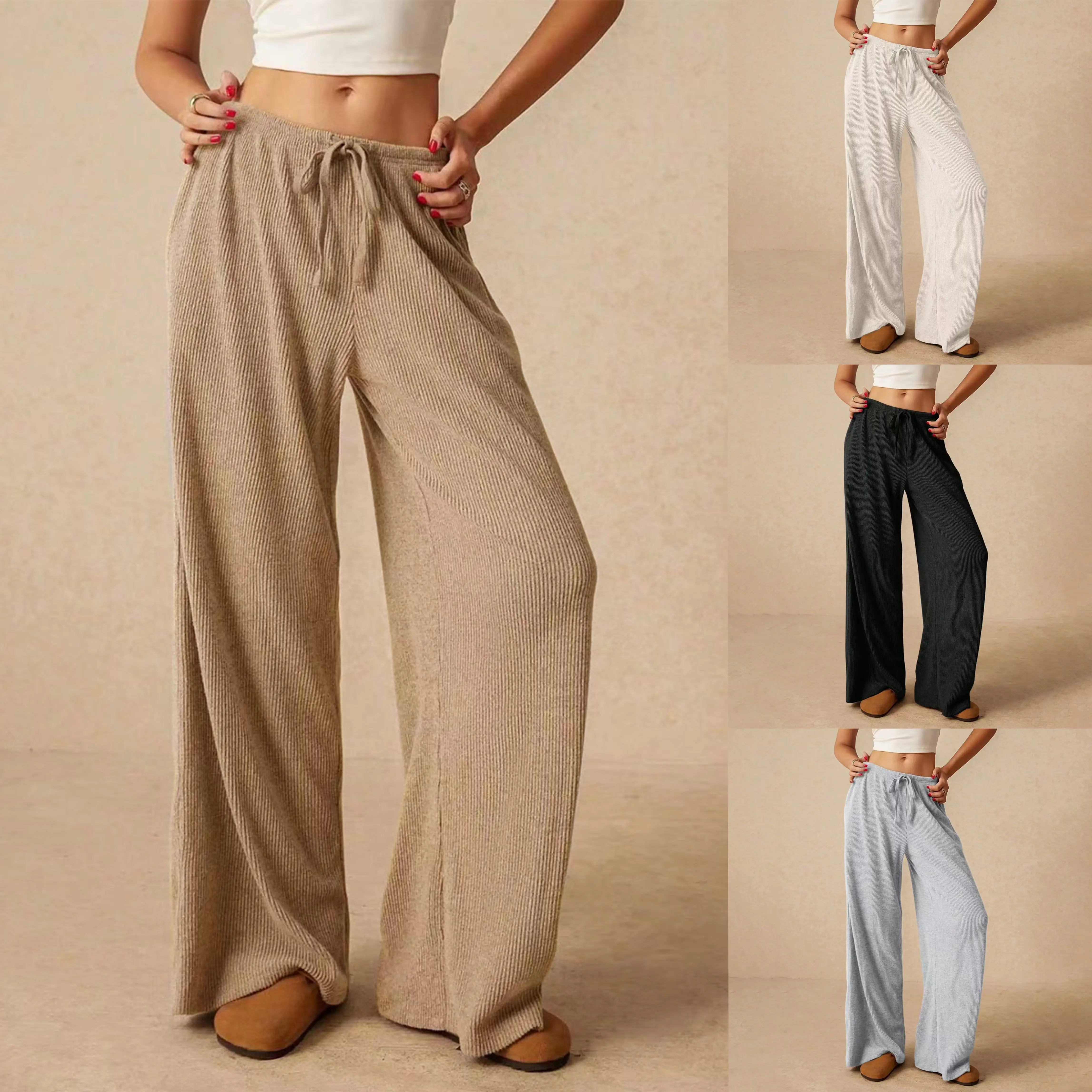 2026-Autumn Winter new Collection ,Soft, solid-colored drawstring casual trousers; comfortable fit with a beautiful drape.  home wear
