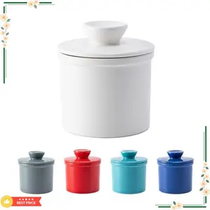 Butter Crock with Water Line for Countertop, French Butter Dish with Lid, Ceramic Butter Keeper for Fresh Spreadable Butter, Butter Container Holder for Kitchen and Home Decor, White