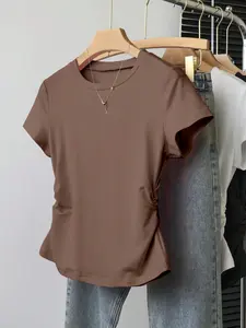 Women's Solid Color Round Neck T-Shirt, Fashionable Casual Wear, Comfortable Fit, Perfect for Daily Use, Stylish Women's Clothing