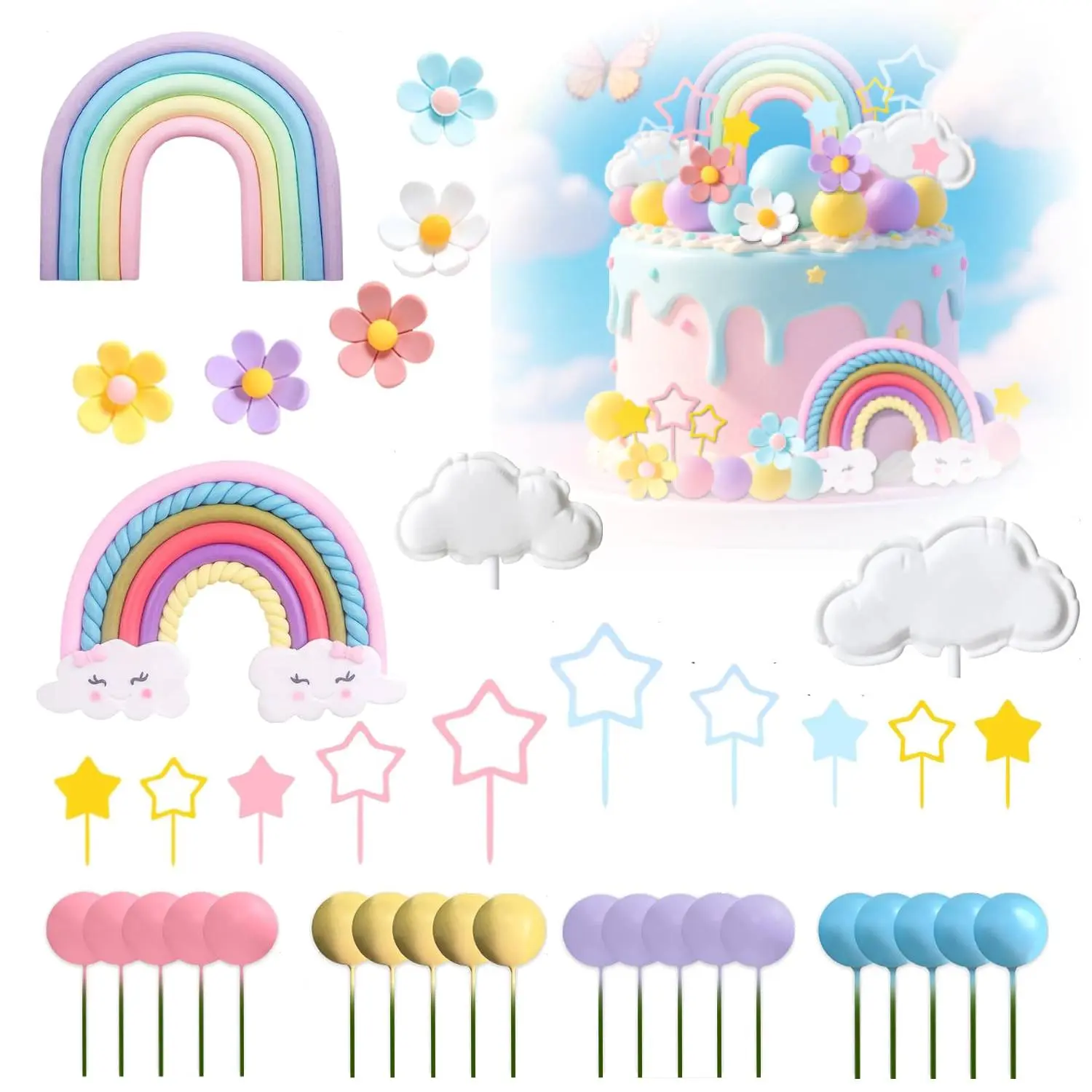 1Set Rainbow Cake Topper Rainbow Theme Party Supplies Pastel Balls Cake Topper, Suitable for Birthday Parties, Wedding Parties, Rainbow Themed Parties