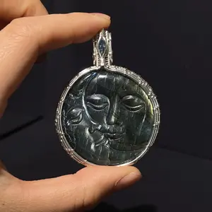 Labradorite Sun-Moon Face Carved Copper Wire-Wrapped Pendant，White Copper Wire-Wrapped Pendant