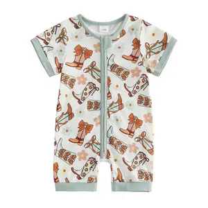 Western Baby Girl Romper Jumpsuit Infant Cowgirl Boots Horse Floral Print Zipper Short Sleeve Onesie Bodysuit Outfit Summer Clothes
