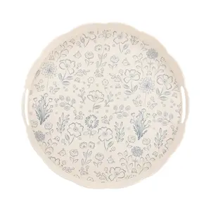 Round Scalloped Floral Bamboo Tray