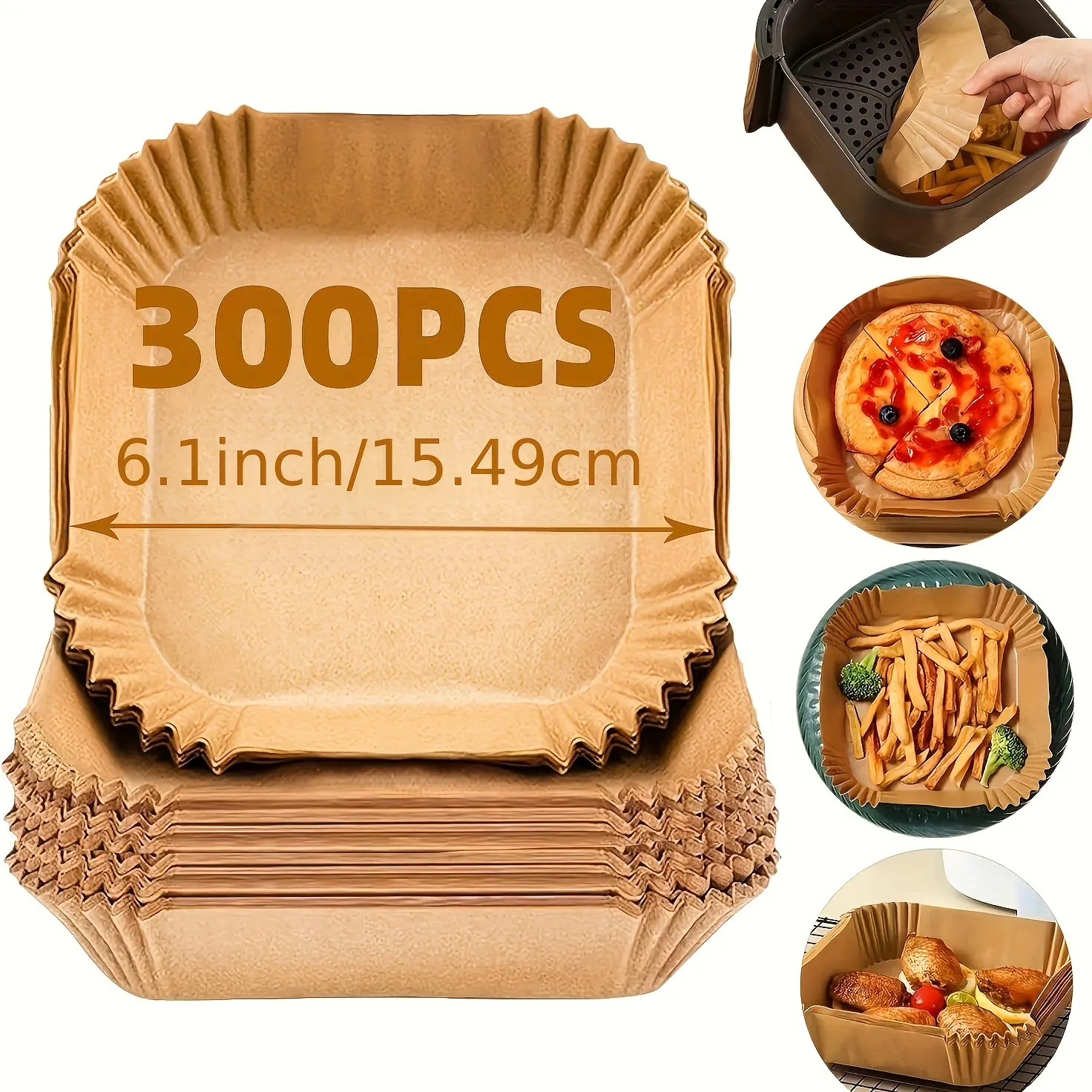 6.1 inch Non-Stick Coating Parchment Paper Air Fryer Liners, 300-Count Heatproof Food-Safe Baking Supplies for Kitchen Baking, BBQ