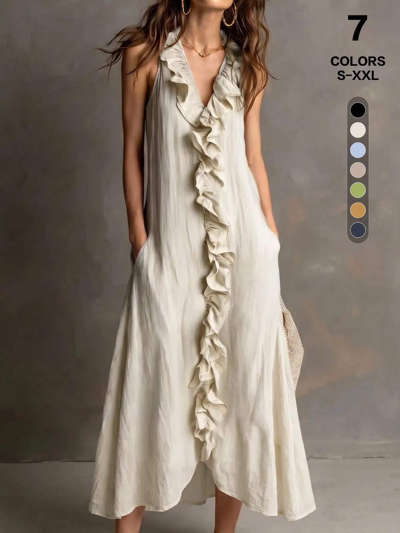 Women's Gorgeous Casual Sleeveless V-Neck Crinkle Soft Lightweight Solid Slip Maxi Dress - Loose Fit Flowy Fabric, Asymmetrical Boho Cascading Ruffle Trim, Pockets (S-XXL) Summer Sundress, Sexy, Elastane, Basic, Casual Wear, Elegant, Style, Going Out, Dee