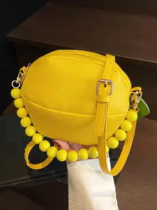 Vibrant Lemon Shape Handbag, Beaded Design, Cute Crossbody Bag, Small Round Bag, Mobile Phone Holder, Ideal for Picnics, Shopping, Dating, Afternoon Tea