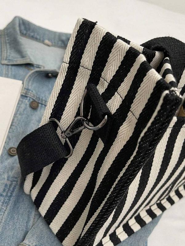 Stylish Black White Vertical Stripe Canvas Tote Bag with Shoulder Strap – Lightweight, Casual, Spacious, Durable Handbag for Women – Daily, Work, Travel, School Use