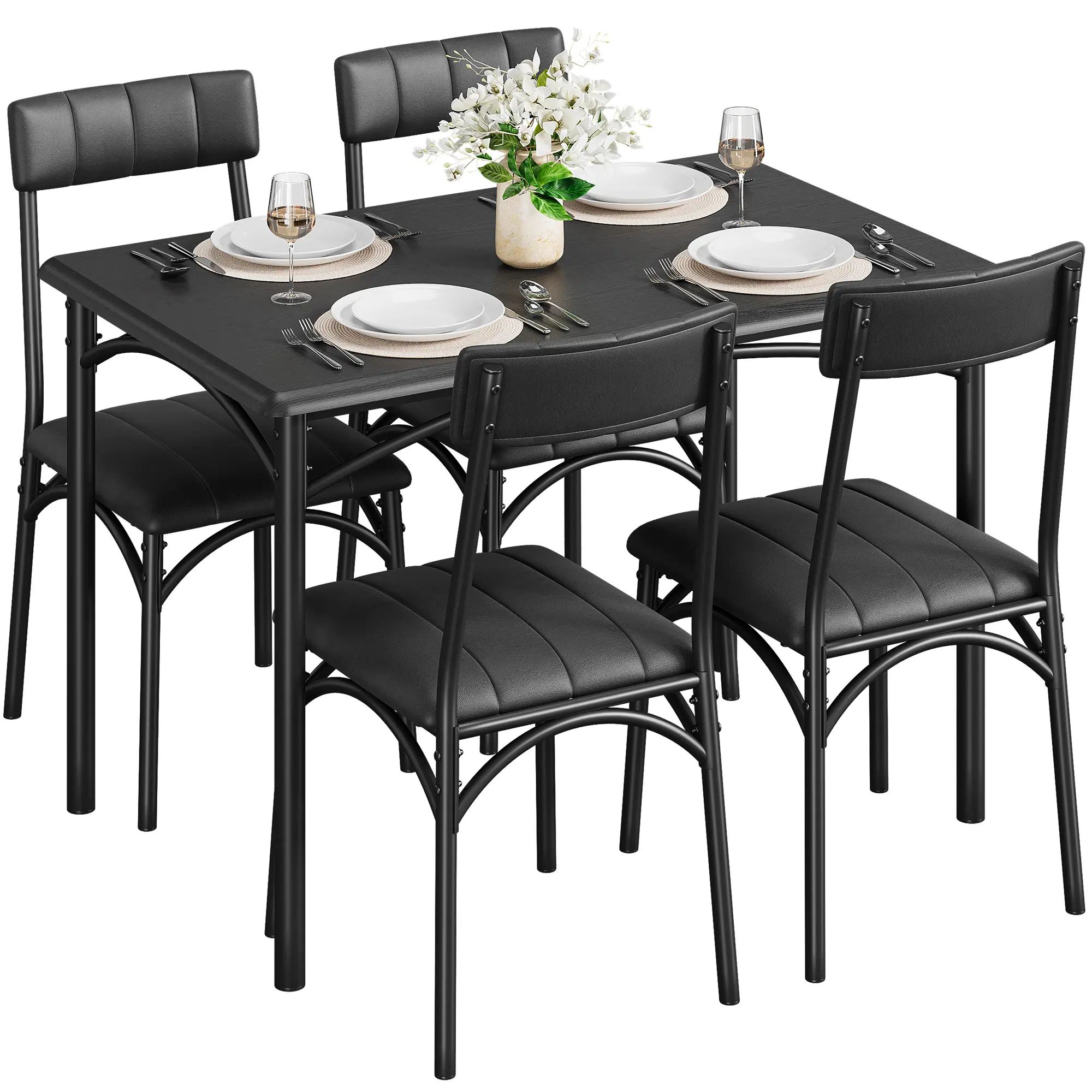 5 Piece Rectangular Dining Table Set with Upholstered Chairs for 4, Modern Counter Height Dining Table and Chairs for Kitchen Breakfast Nook Living Room Small Space