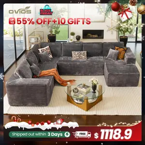 【4 Packages Shipping】Ovios 135.8" Sectional Cloud Couch for Living Room, Modular Floor Sofa with Plush Corduroy, No Assembly Required, Big Comfy Couches Set with Fluffy Memory Foam, Stupendous U Shaped Sofas with Chaise