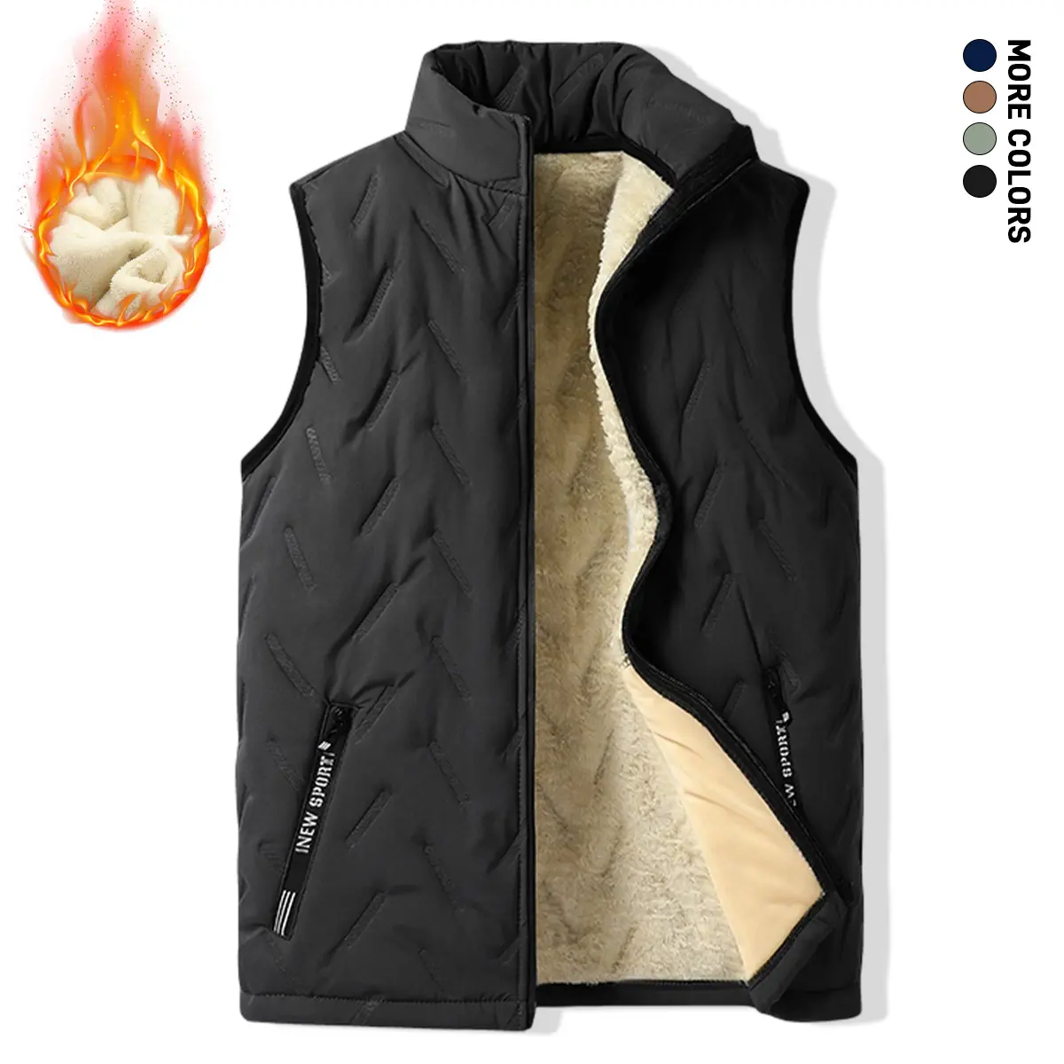 Men's Autumn Winter Warm Vest Fleece Lined Wool Regular Fit Polyester Zipper Design Easy Care Casual Style Medium Men's Solid Color Cardigan Round Neck