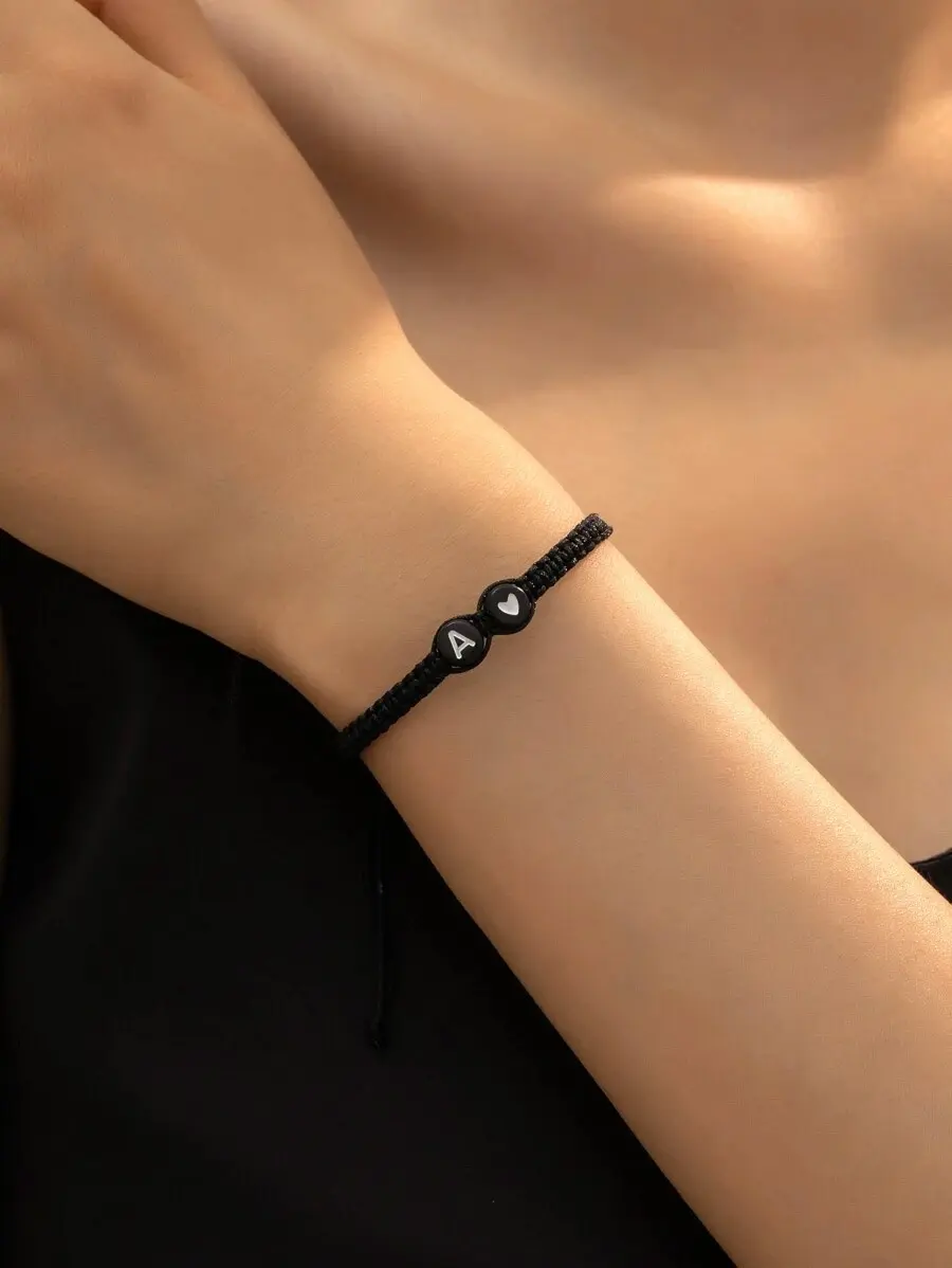 Women's Fashion Plastic Letter & Heart Detail Round String Bracelet, 1pc Daily Decoration Valentines Accessory