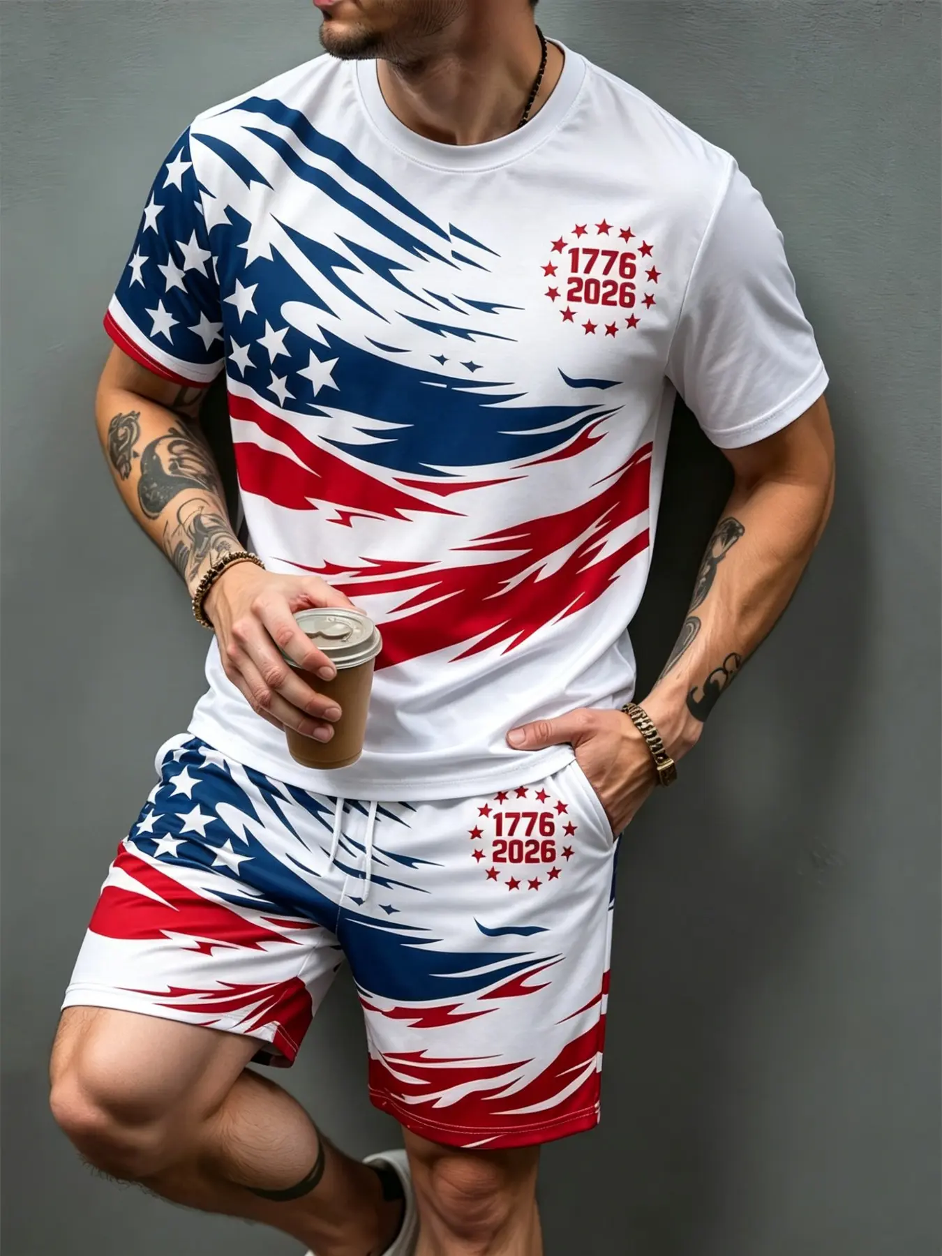 Men's 1776-2026 Usa Flag Graphic Print Round Neck T-Shirt and Shorts Set, Graphic Tee Set, Independence Day Patriotic, Casual Loose-Fitting Two-Piece Set, Outfit, Menswear