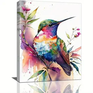 1 Piece Vivid Watercolor Hummingbird Framed Wall Art - Colorful Bird and Flower Canvas Painting, Modern Home Decor, Suitable for Living Room, Bedroom, Office or Bathroom, Pine Wood Frame, Indoor Use, Bird Decoration