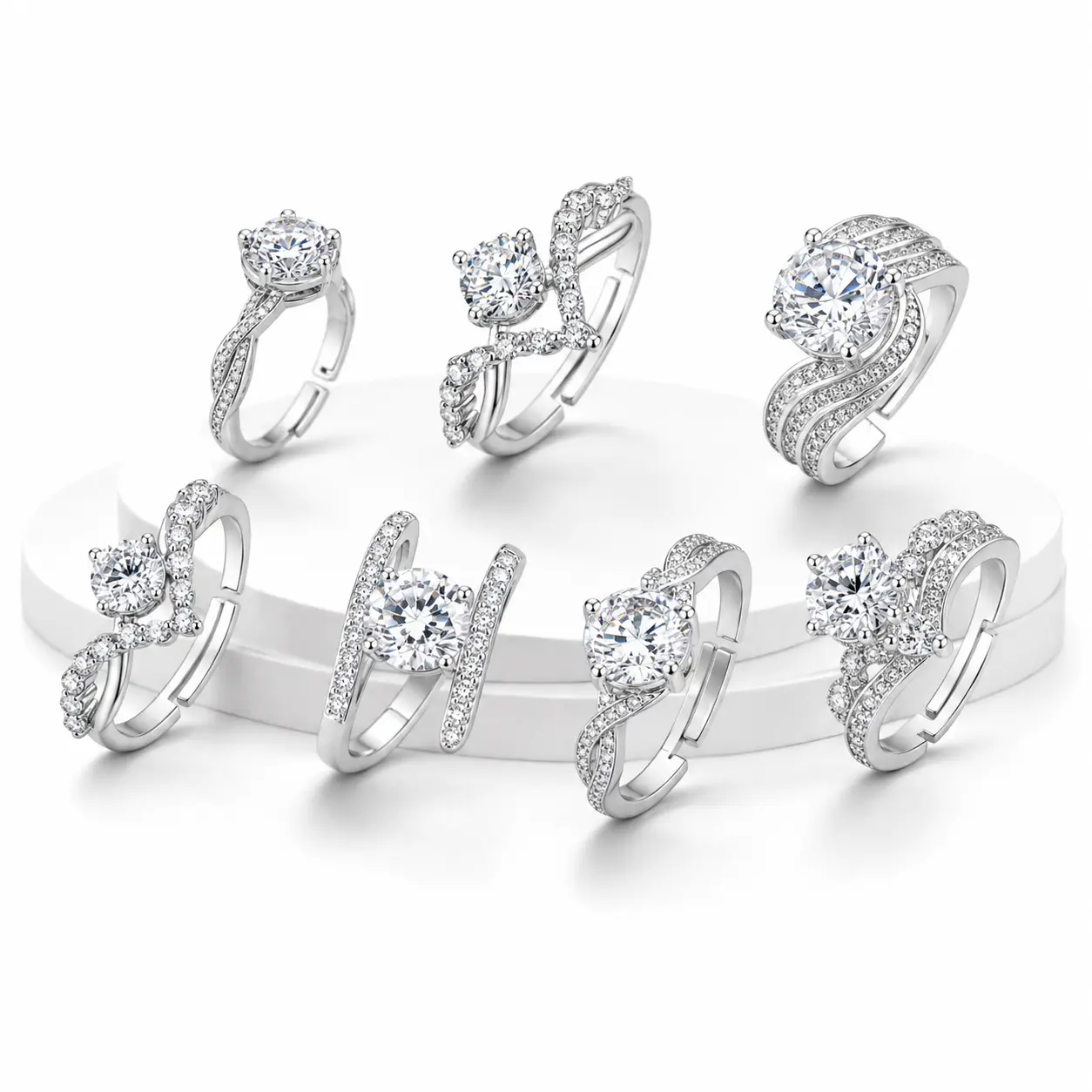 Women's Silver-Tone Adjustable Costume Fashion Ring, Round Clear Simulated Stone, Twisted Accent Band