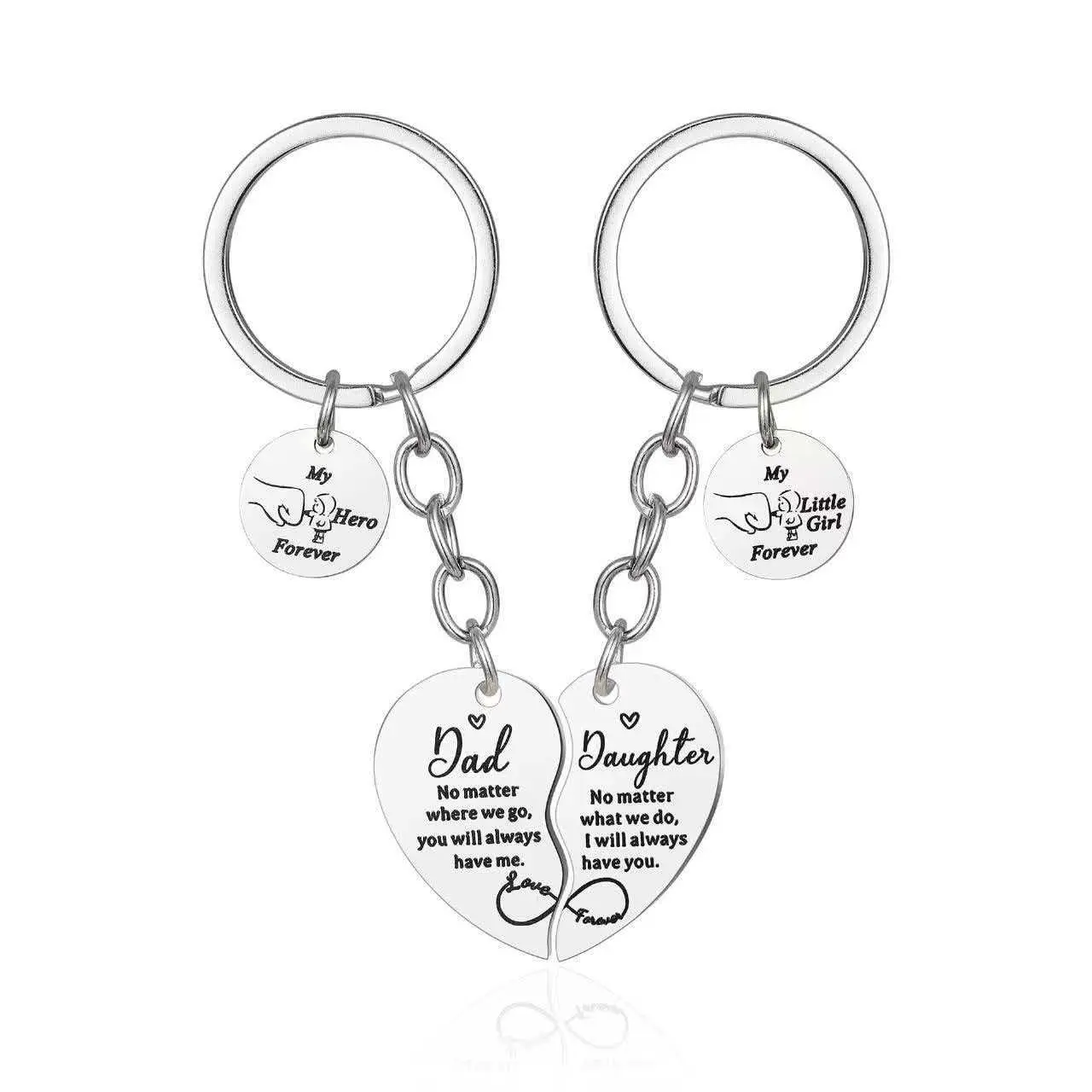 Matching Heart Keychain Set for Dad and Daughter, Stainless Steel with 'My Hero Forever' Engraved Lettering, Sentimental Father's Day Gift, Heart Handle Keychains, Engraved Text, Round, Birthday, Ethnic, Alphabet Letters Keychains, Circular Charm Keychain