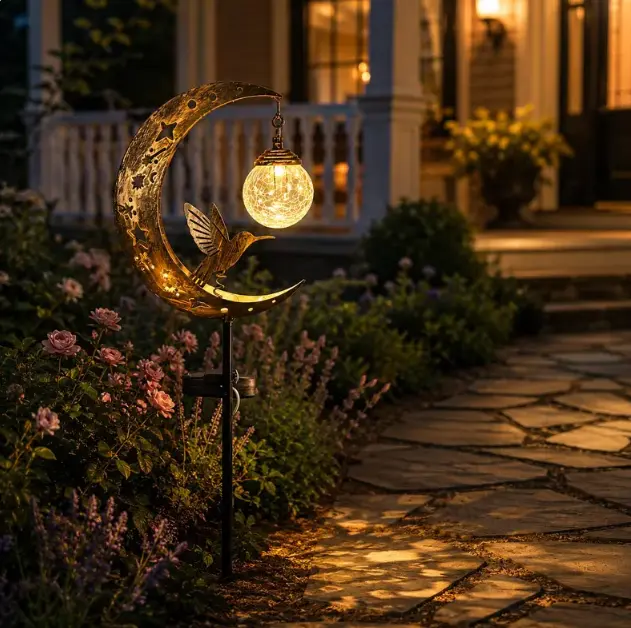 Solar Hummingbird Moon Garden Stake Light - Crackle Glass Globe, Celestial Outdoor Decor for Home Improvement, Lawn Ornament Sun Catcher