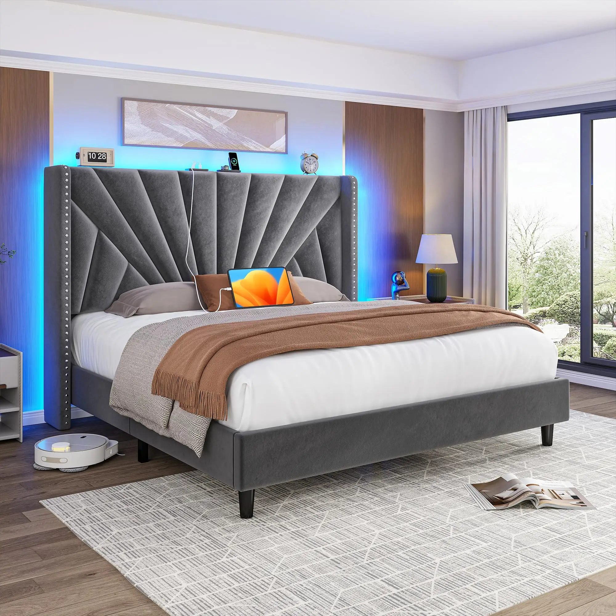 Raybee Furniture Queen Velvet Upholstered Bed Frame with 51" Tall Headboard, NO MATTRESS, Upholstered Bed Frame, King Size with LED Lights and Chargin