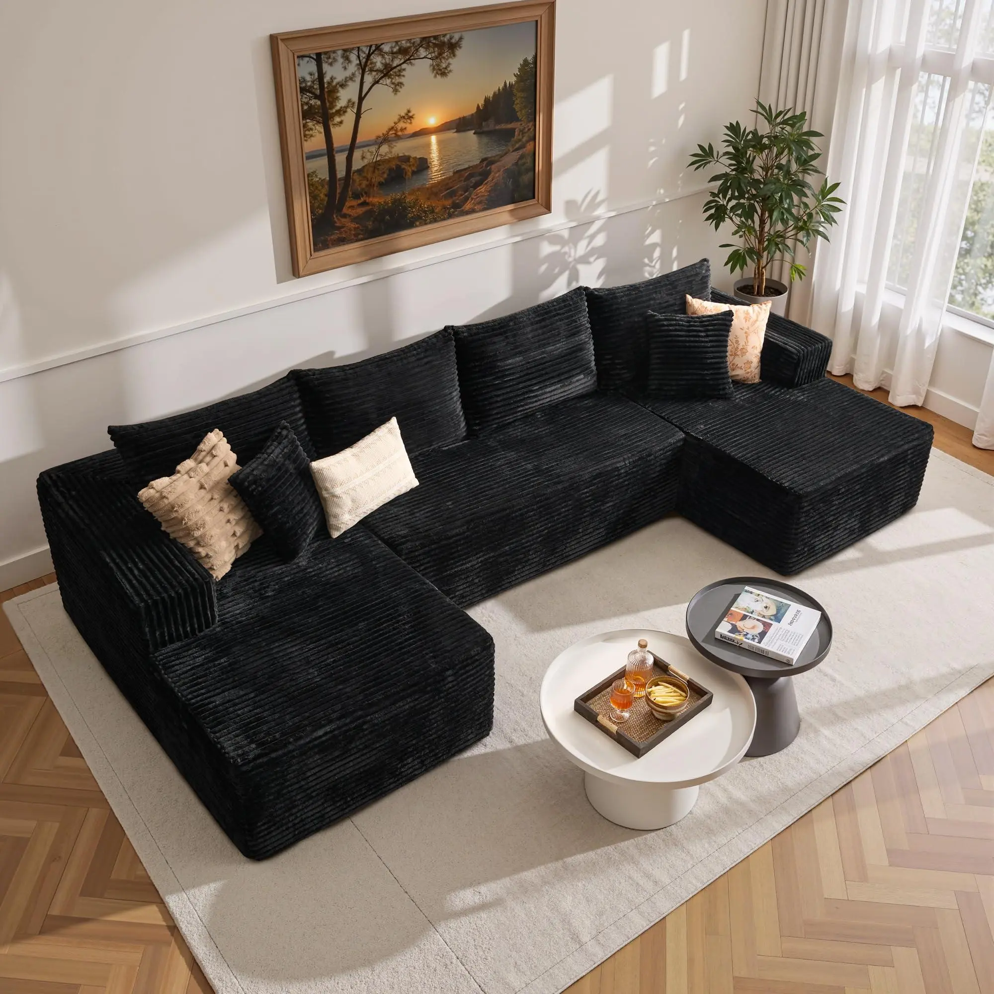 127.5in U-Shaped Corduroy Modular Cloud Sofa - Modern Comfy Couch, Oversized 5-Seater Boneless Sectional with Chaise, Included Pillows, No Assembly Required, Convertible Space-Saving Living Room Furniture