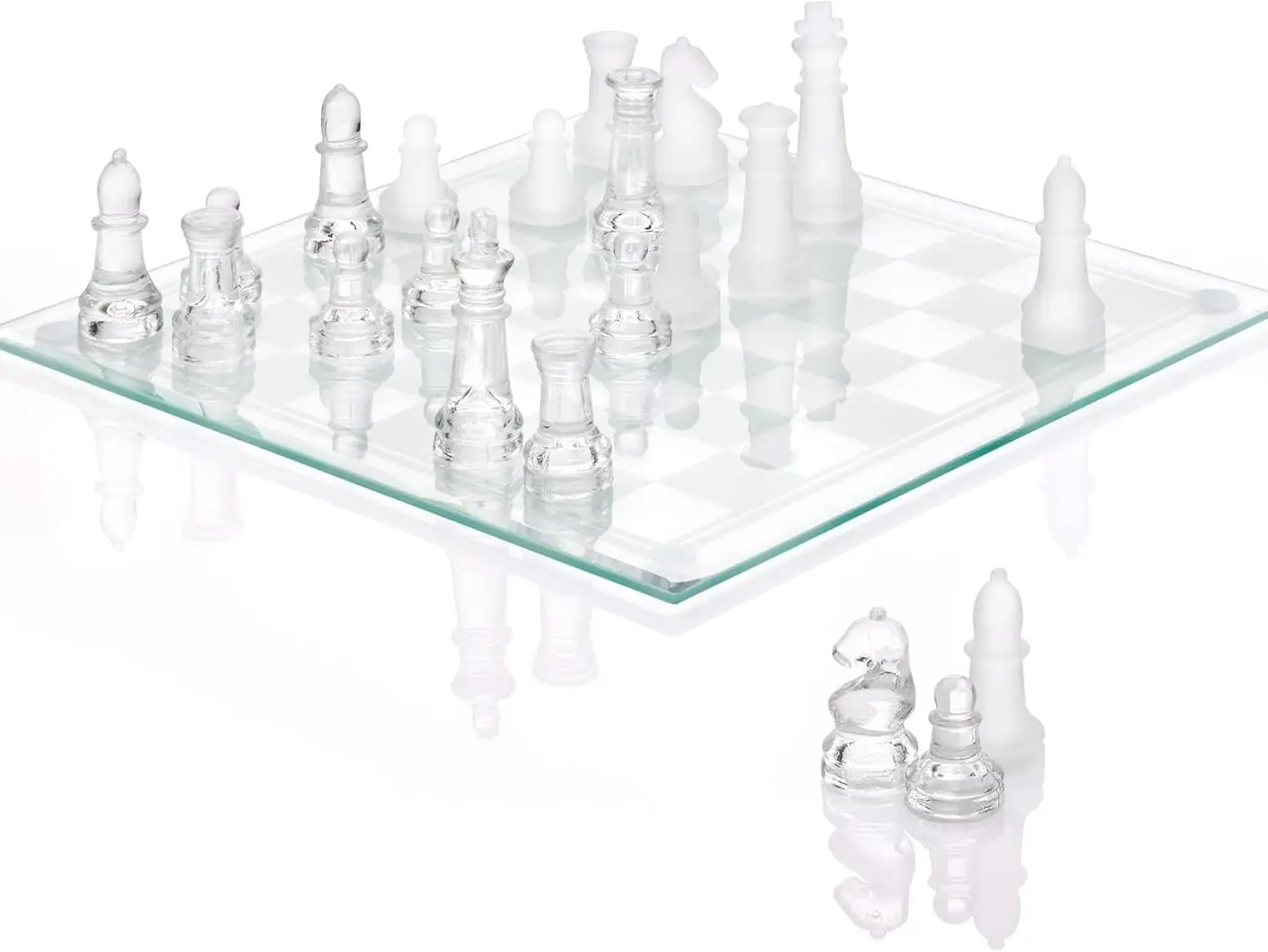 Modern Clear Chess Set, Deluxe Chess Set Glass Chess Board Set with Solid Clear & Frosted Chess Glass Pieces | 9.7’’ Crystal Chess Boards Sets
