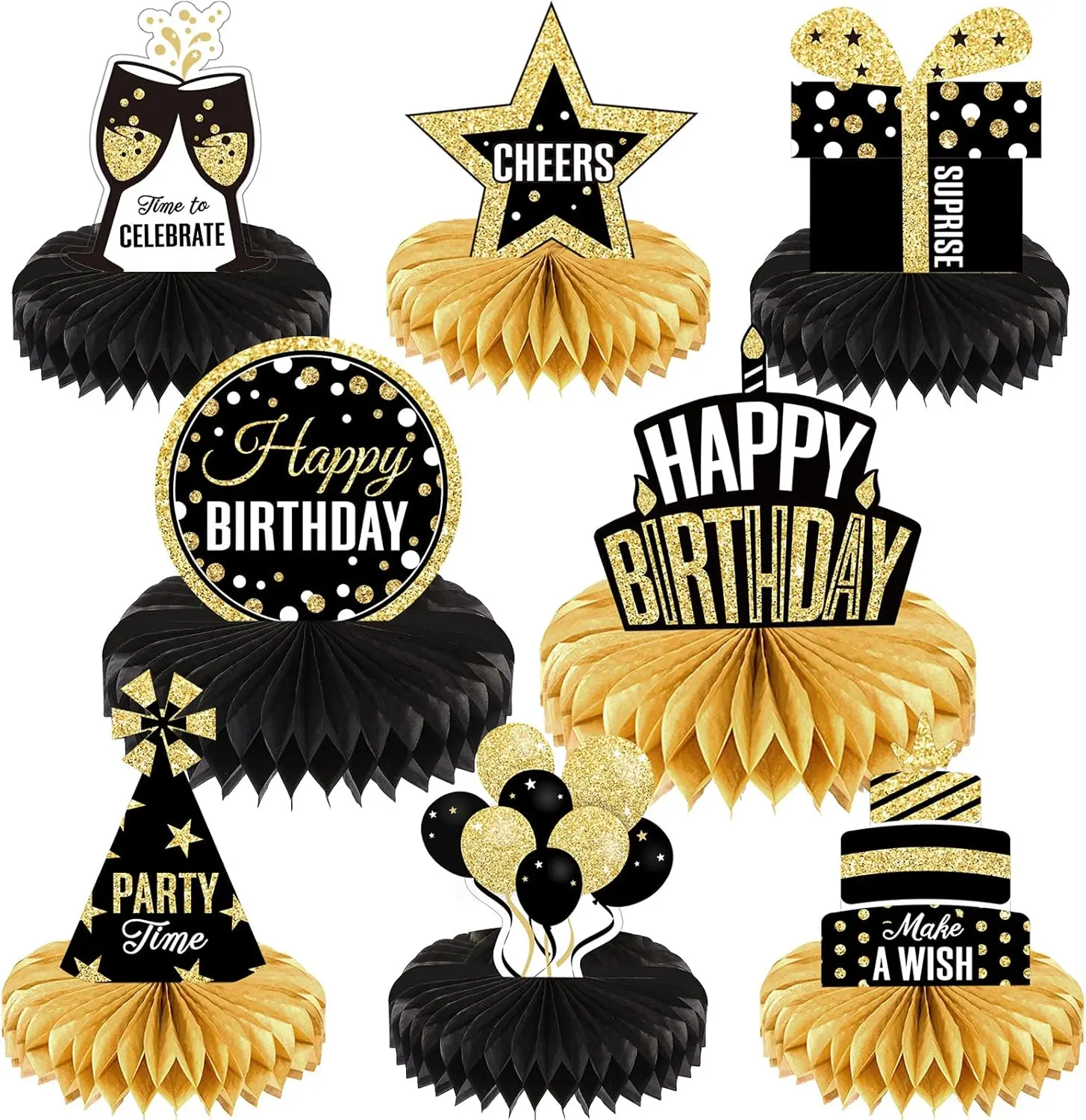 8-Piece Happy Birthday Party Decorations Kit - Non-Toxic, Sturdy, Black and Gold Patterned, Odourless Festive Home Supplies with Honey Comb Centerpieces, Table Toppers, Party Favors, Photo Booth Props, Stickers