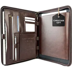 Leather Portfolio for Men – Padfolio Case for Men and Women – Brown Bible Notebook Organizer – Pen Slots – Zipper Binder – Premium PU Leather – Feels Like Full-Grain – Office Gift Accessories