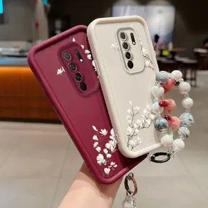 Elegant White Magnolia Pattern Phone Case with Beaded Wrist Strap, Compatible with Xiaomi Redmi 9/Redmi 9T, Stylish Protective Shockproof Cover for Daily Office, Coffee Shop & Outdoor Use, Slim - Fit Design, Accessories